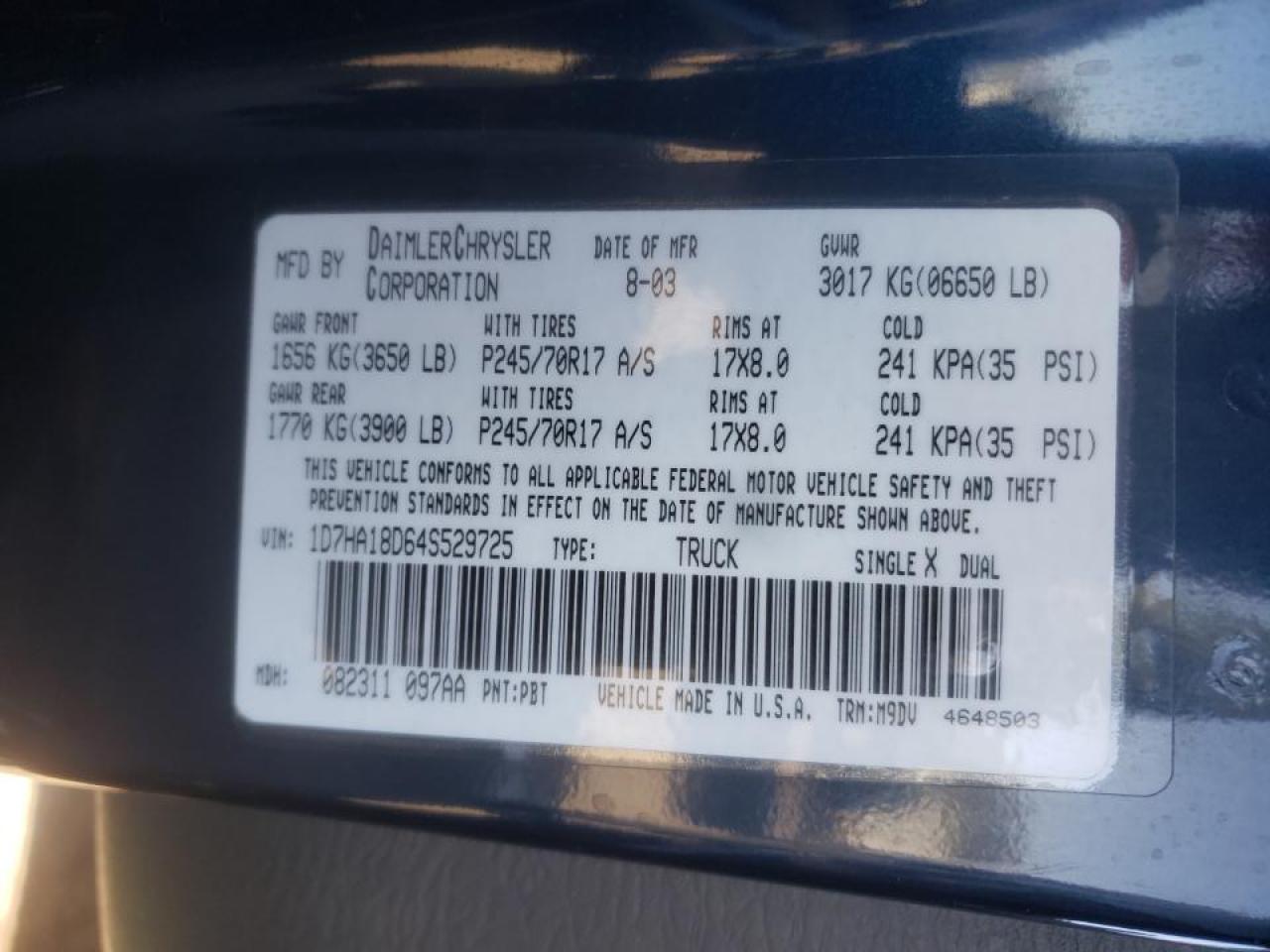 Photo 10 from auction – 2004 DODGE RAM 1500 S with VIN 1D7HA18D64S529725