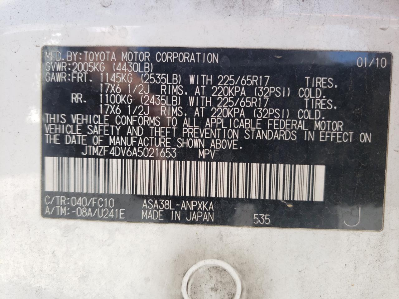 Photo 10 from auction – 2010 TOYOTA RAV4 with VIN JTMZF4DV6A5021653