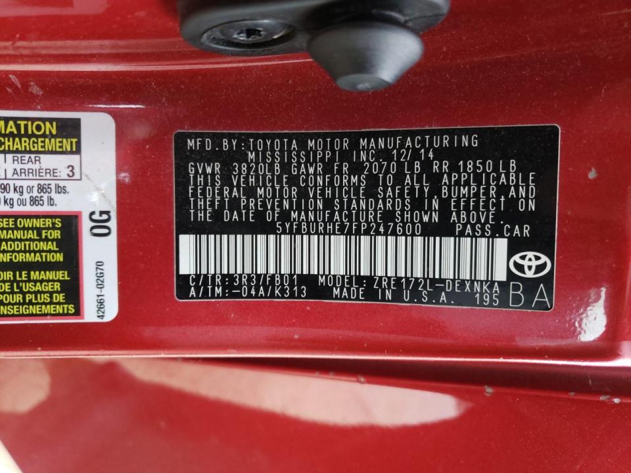 Photo 10 from auction – 2015 TOYOTA COROLLA L with VIN 5YFBURHE7FP247600