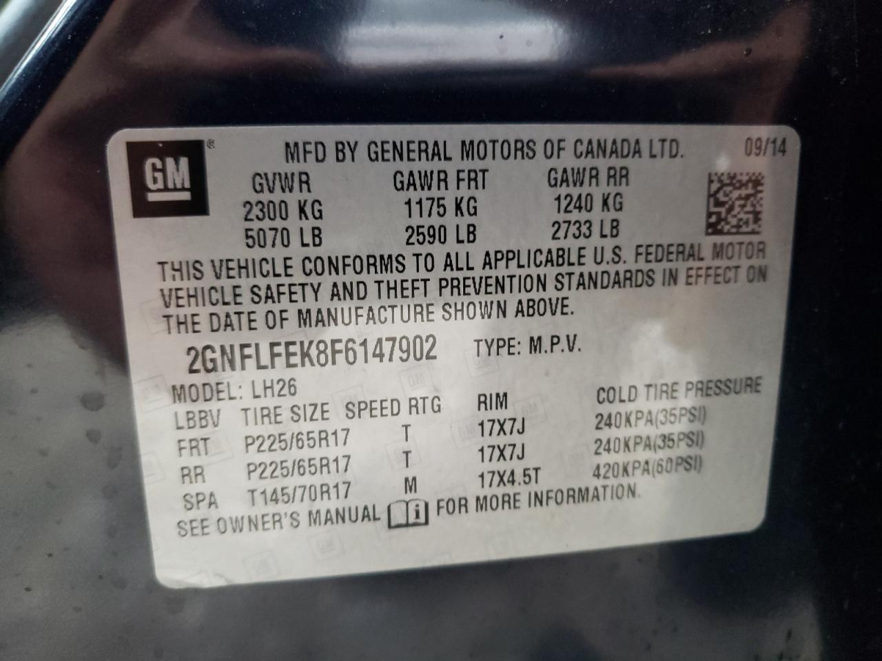 Photo 10 from auction – 2015 CHEVROLET EQUINOX LT with VIN 2GNFLFEK8F6147902