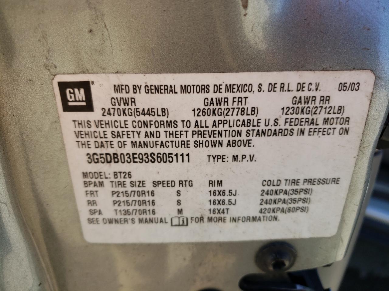 Photo 10 from auction – 2003 BUICK RENDEZVOUS with VIN 3G5DB03E93S605111