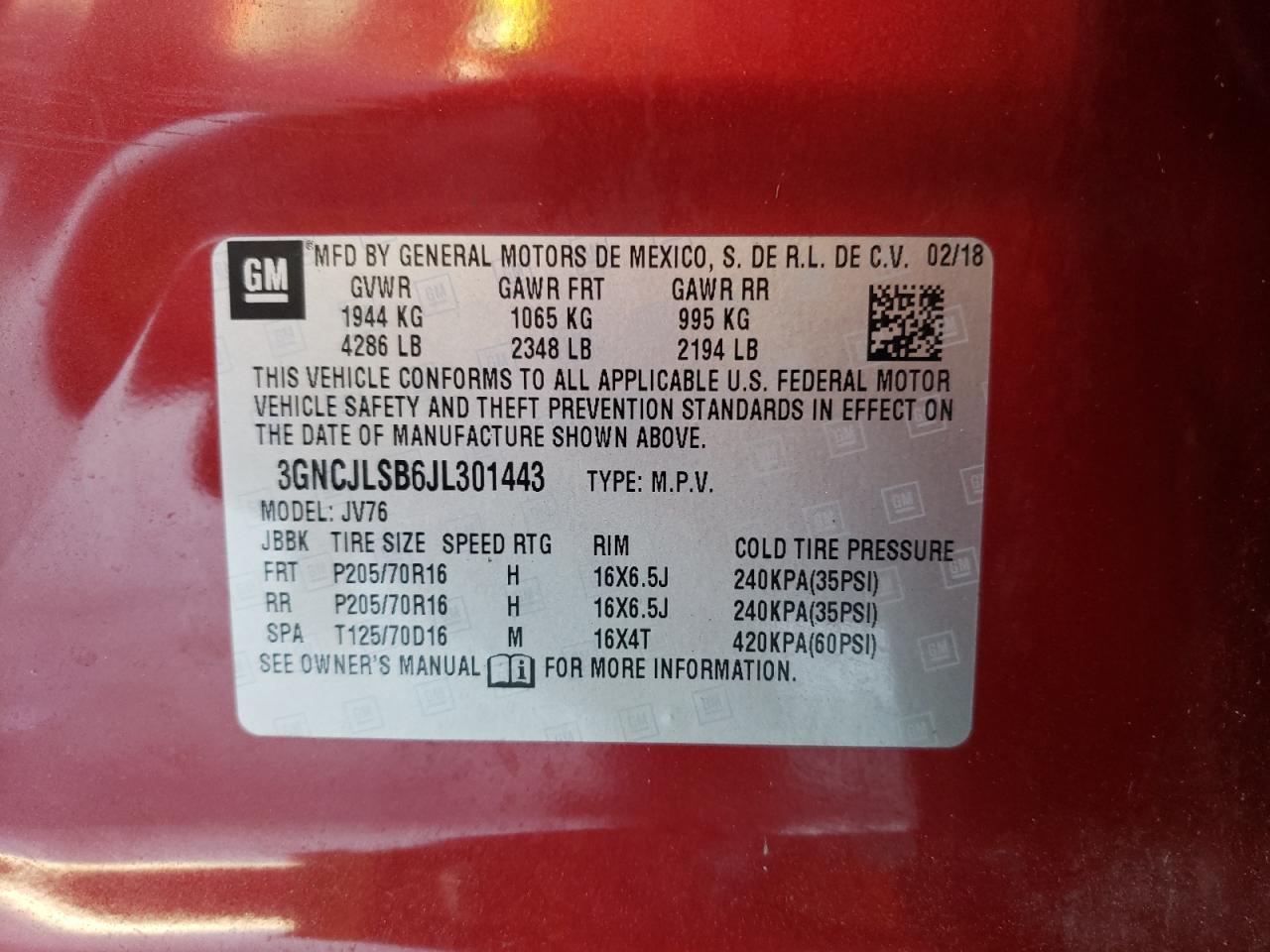 Photo 10 from auction – 2018 CHEVROLET TRAX 1LT with VIN 3GNCJLSB6JL301443