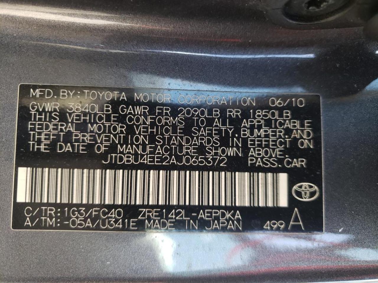 Photo 10 from auction – 2010 TOYOTA COROLLA BA with VIN JTDBU4EE2AJ065372