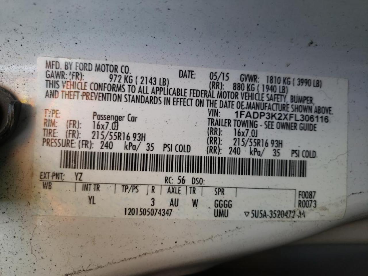 Photo 10 from auction – 2015 FORD FOCUS SE with VIN 1FADP3K2XFL306116