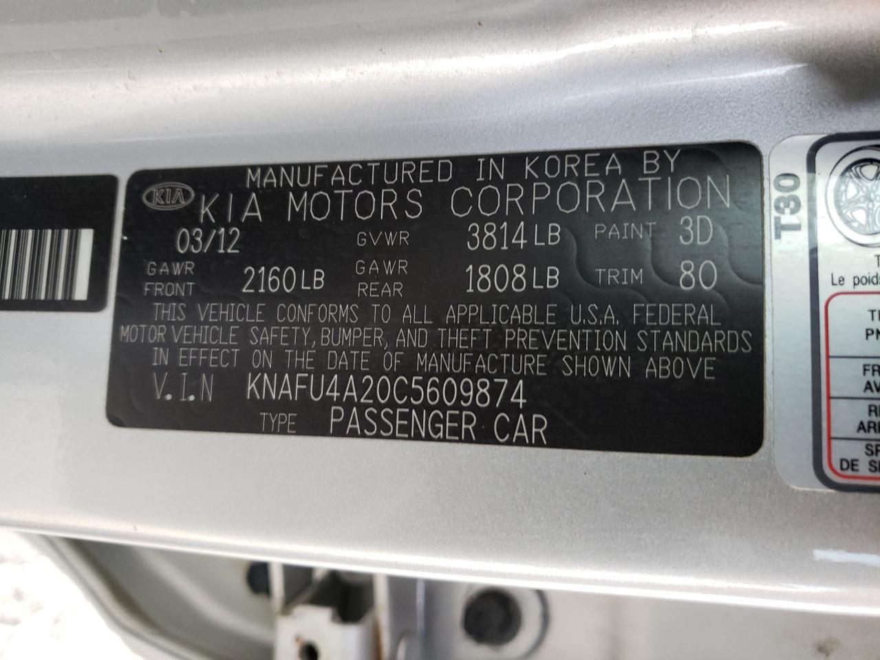 Photo 10 from auction – 2012 KIA FORTE EX with VIN KNAFU4A20C5609874