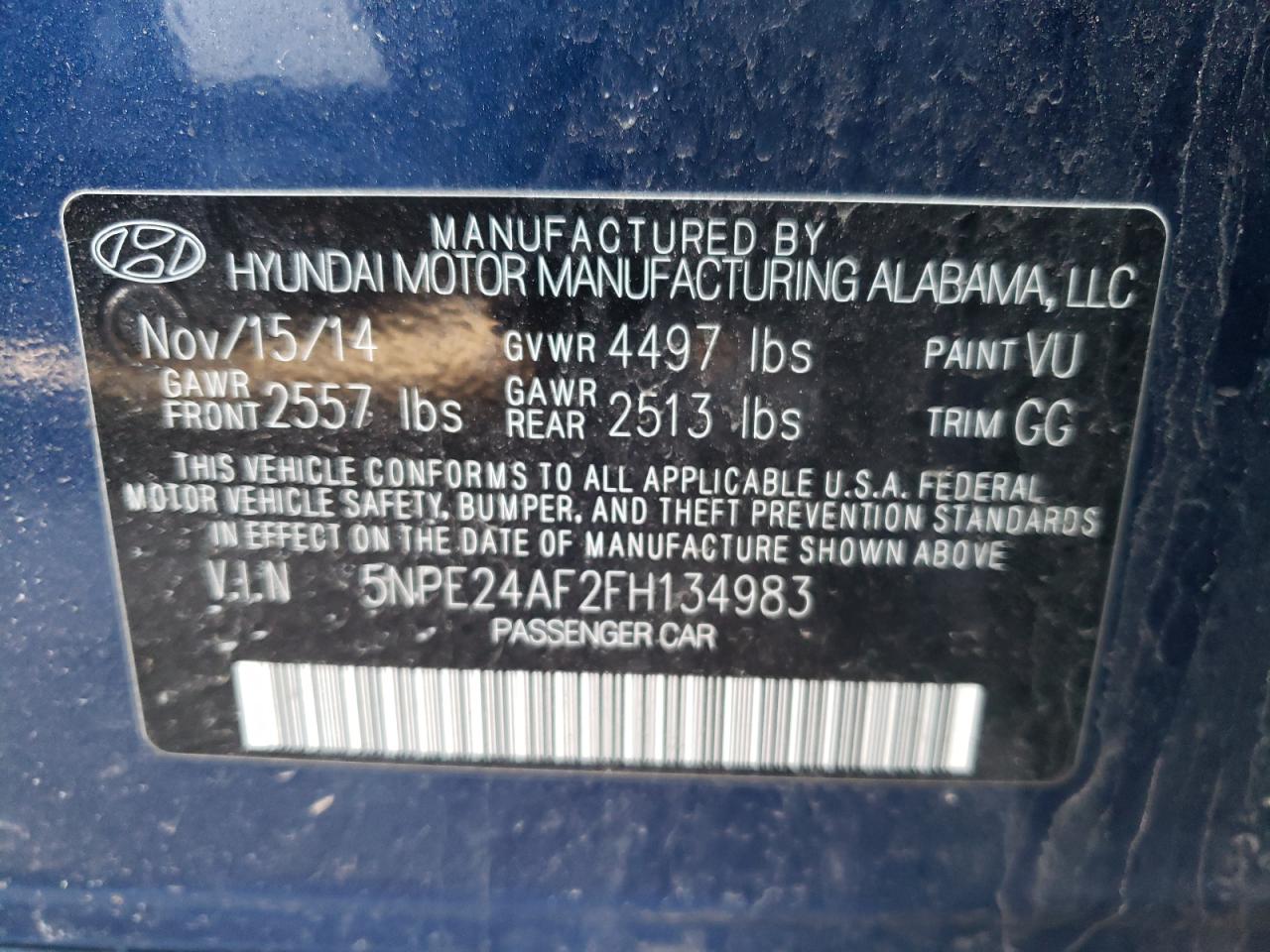 Photo 10 from auction – 2015 HYUNDAI SONATA SE with VIN 5NPE24AF2FH134983