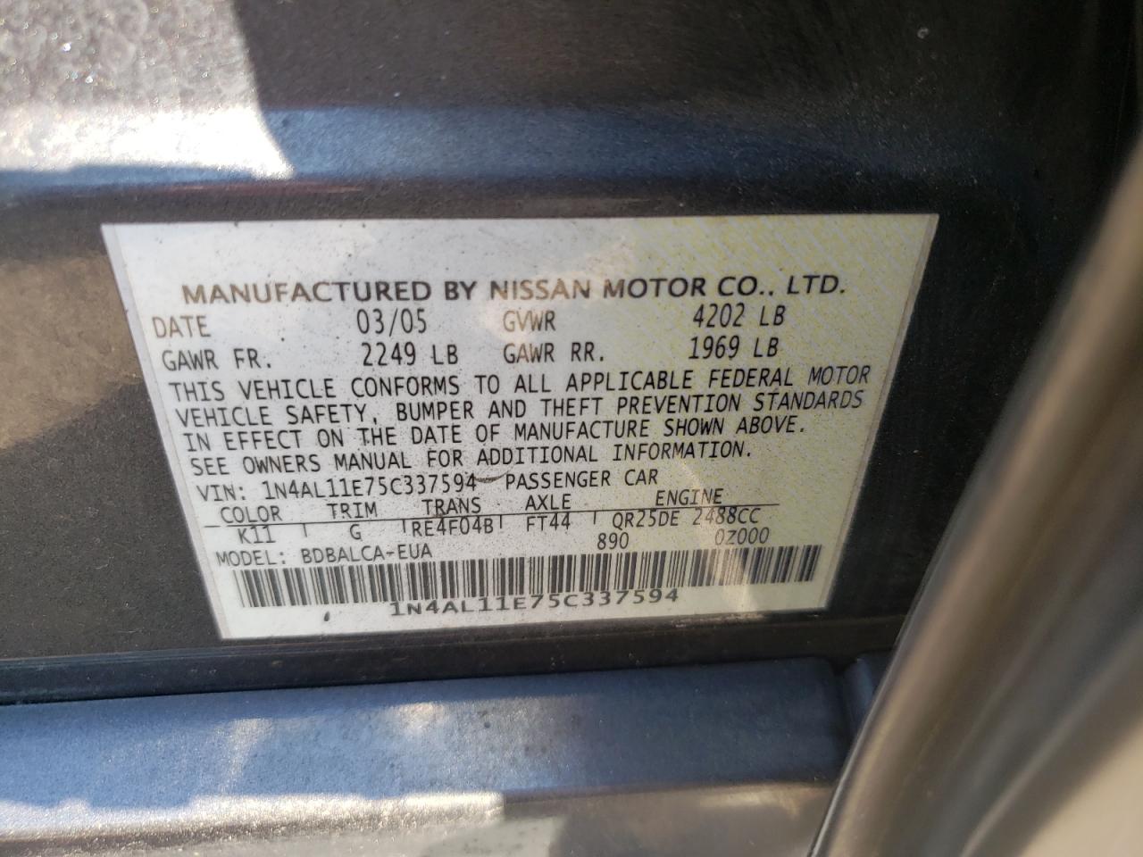 Photo 10 from auction – 2005 NISSAN ALTIMA S with VIN 1N4AL11E75C337594