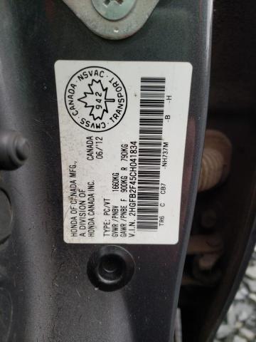 Photo 10 from auction – 2012 HONDA CIVIC LX with VIN 2HGFB2F45CH041834