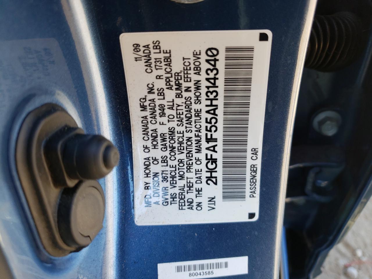 Photo 10 from auction – 2010 HONDA CIVIC LX with VIN 2HGFA1F55AH314340
