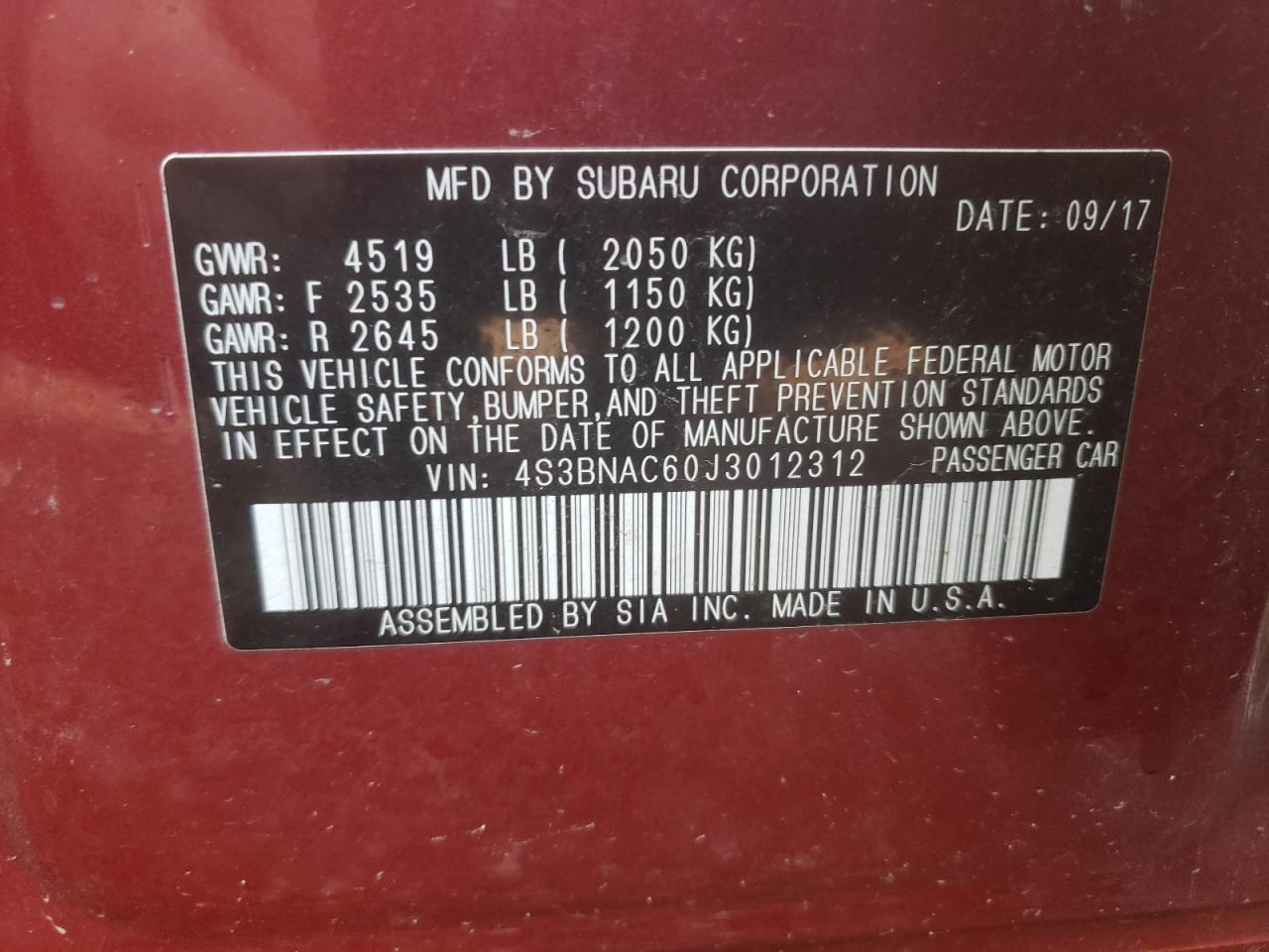 Photo 10 from auction – 2018 SUBARU LEGACY 2.5 with VIN 4S3BNAC60J3012312