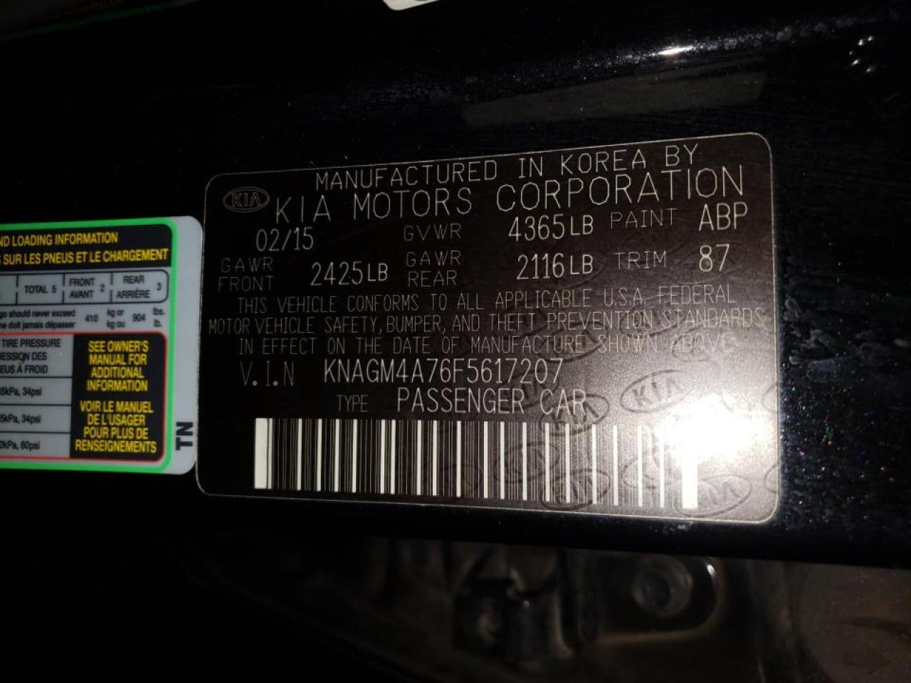 Photo 10 from auction – 2015 KIA OPTIMA LX with VIN KNAGM4A76F5617207