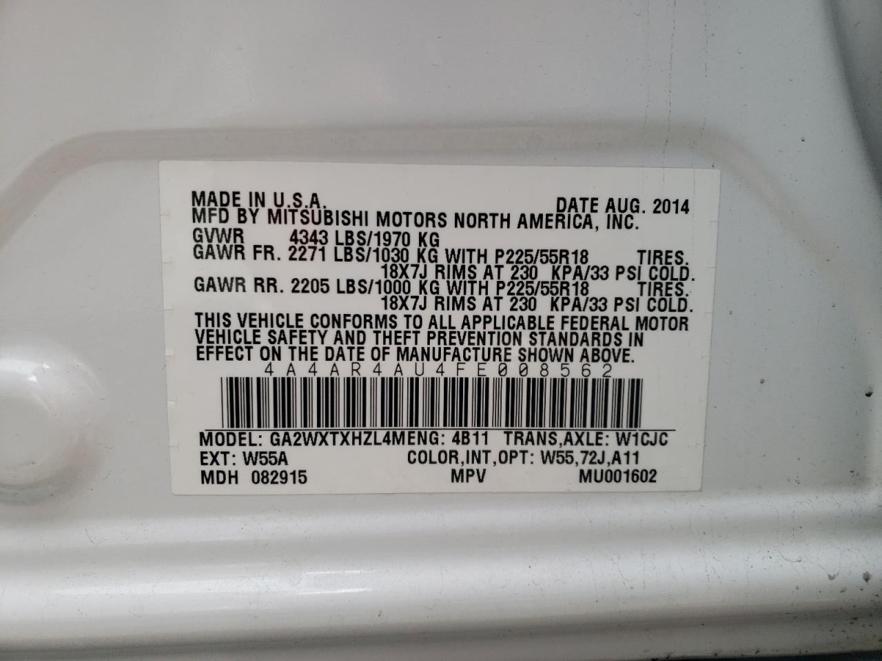 Photo 10 from auction – 2015 MITSUBISHI OUTLANDER with VIN 4A4AR4AU4FE008562