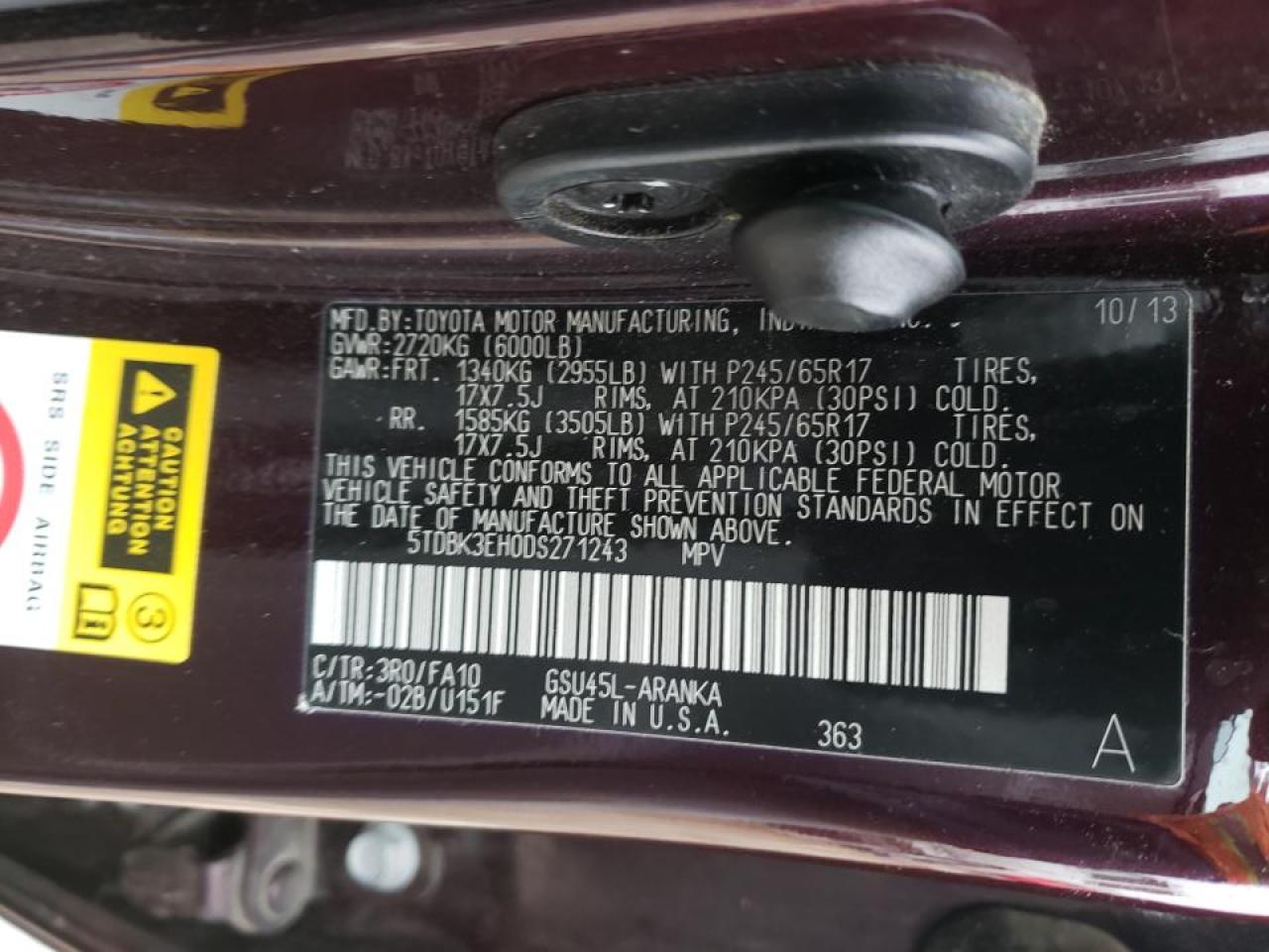 Photo 10 from auction – 2013 TOYOTA HIGHLANDER with VIN 5TDBK3EH0DS271243