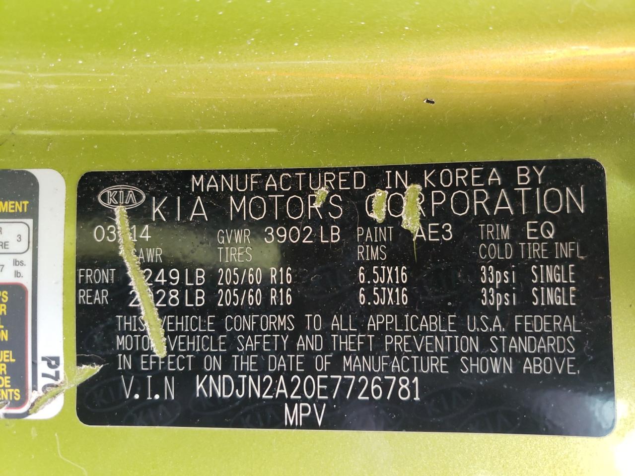 Photo 10 from auction – 2014 KIA SOUL with VIN KNDJN2A20E7726781