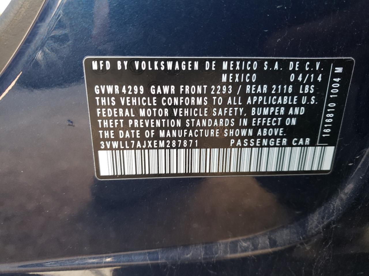 Photo 10 from auction – 2014 VOLKSWAGEN JETTA with VIN 3VWLL7AJXEM287871