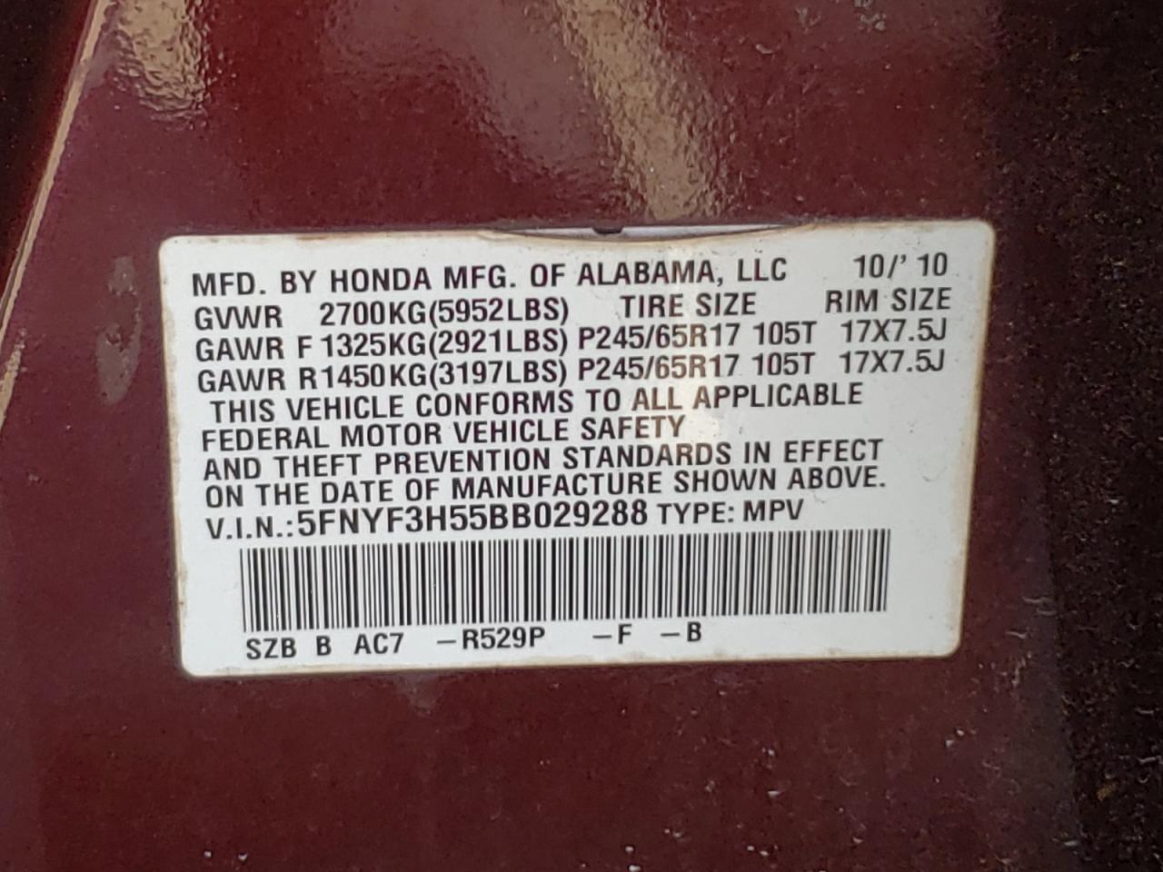 Photo 10 from auction – 2011 HONDA PILOT EXL with VIN 5FNYF3H55BB029288