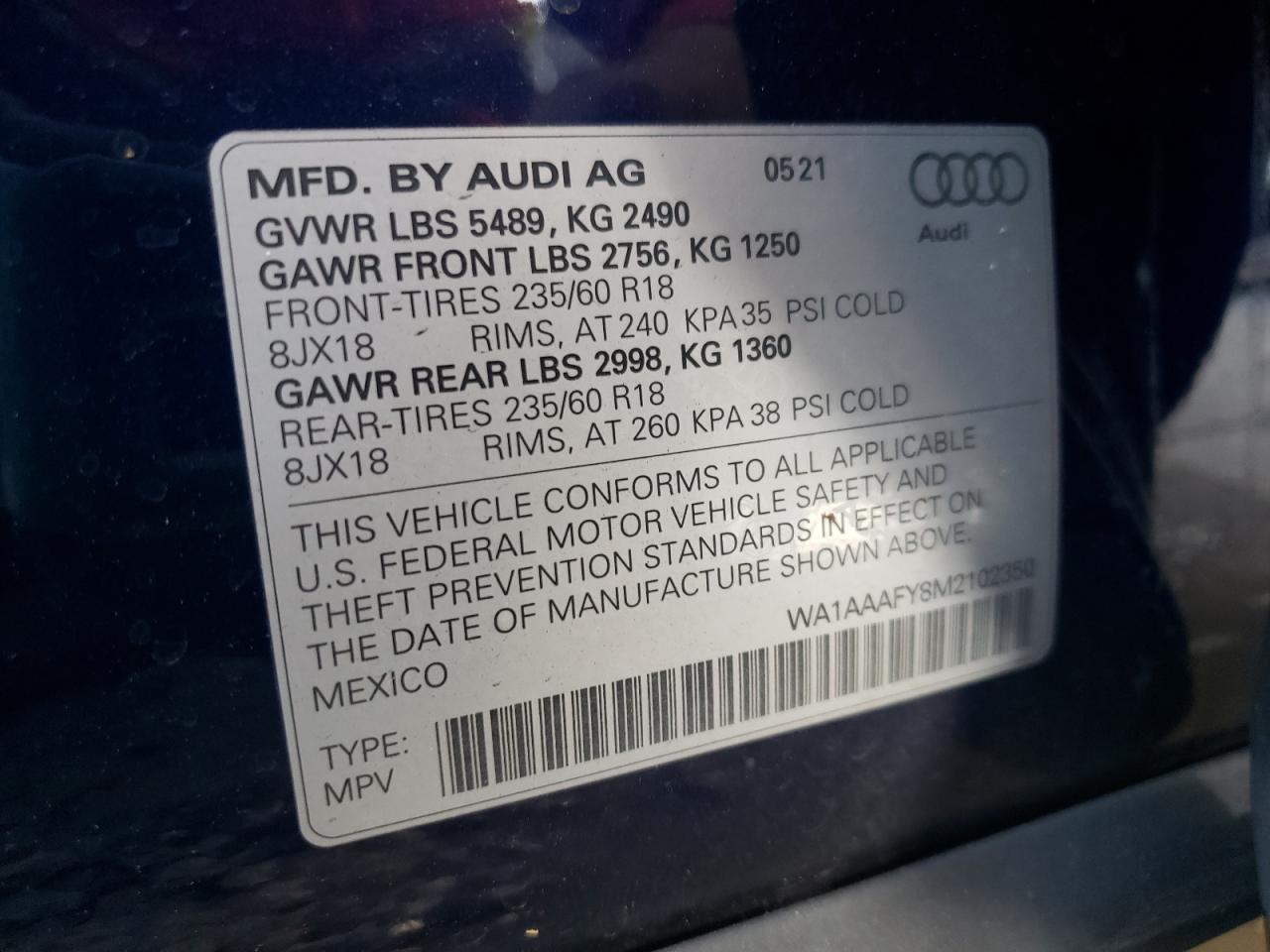 Photo 10 from auction – 2021 AUDI Q5 PREMIUM with VIN WA1AAAFY8M2102350