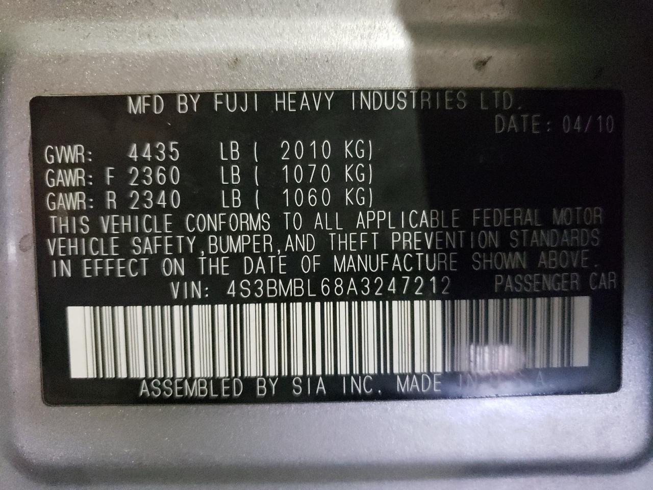 Photo 10 from auction – 2010 SUBARU LEGACY 2.5 with VIN 4S3BMBL68A3247212