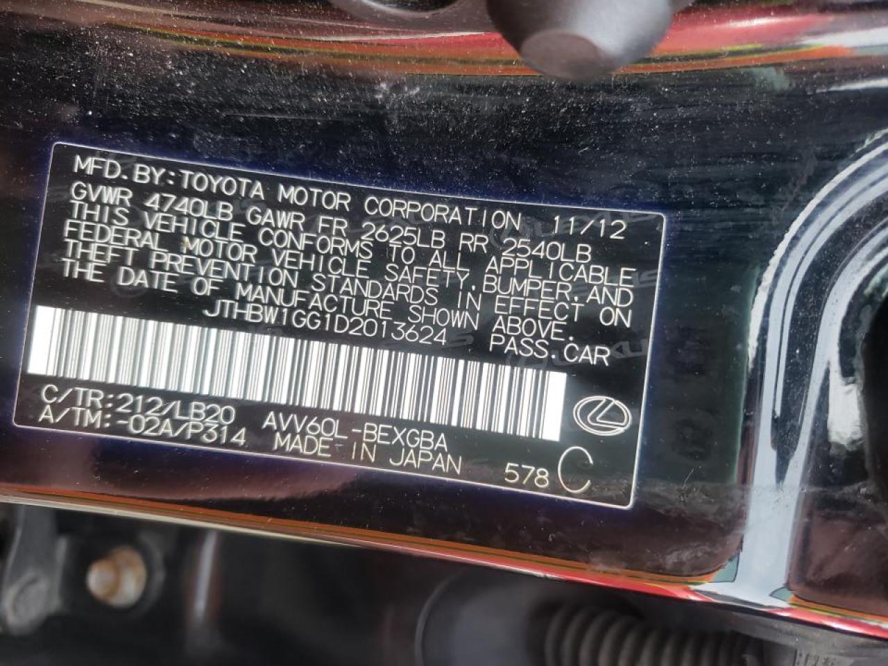 Photo 10 from auction – 2013 LEXUS ES 300H with VIN JTHBW1GG1D2013624