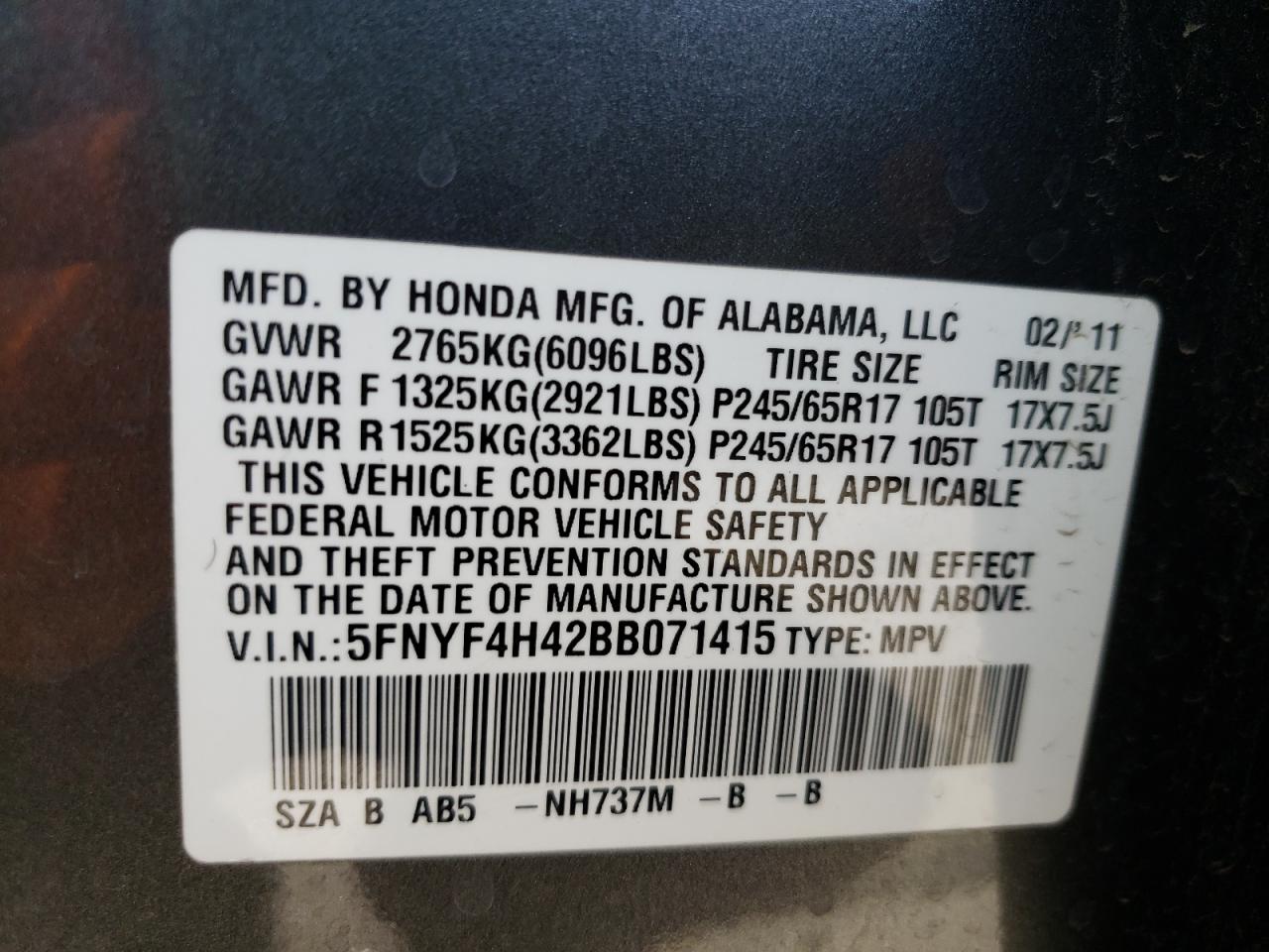Photo 10 from auction – 2011 HONDA PILOT EX with VIN 5FNYF4H42BB071415