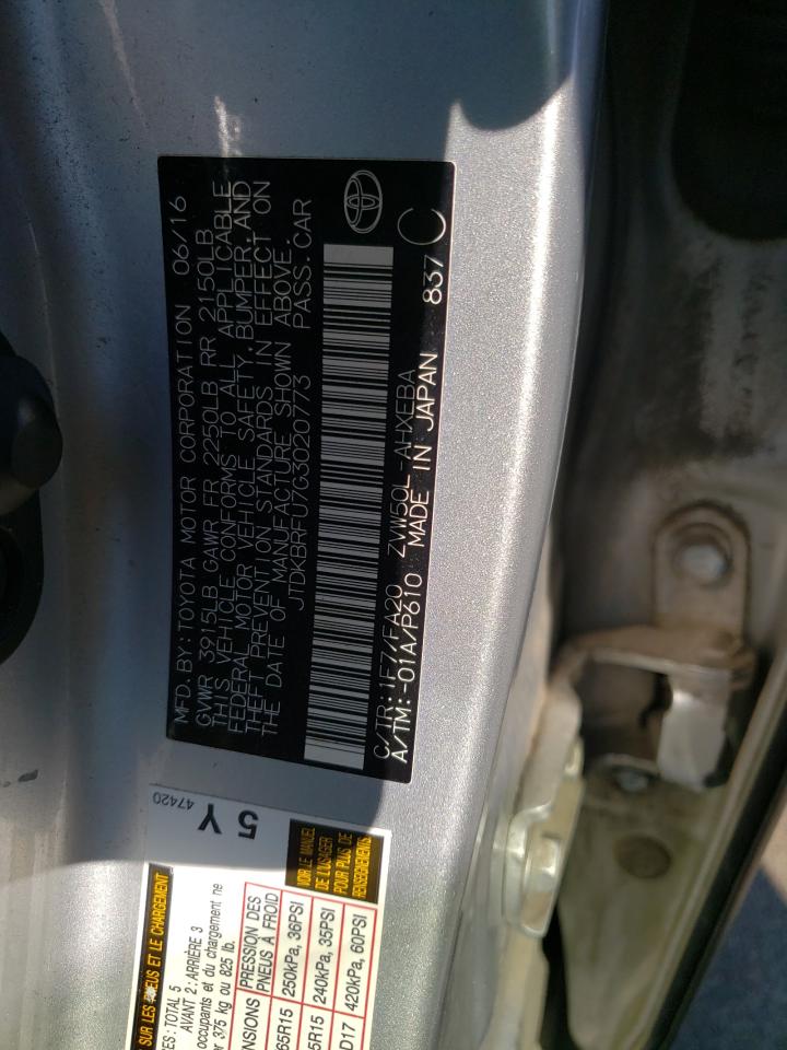 Photo 10 from auction – 2016 TOYOTA PRIUS with VIN JTDKBRFU7G3020773