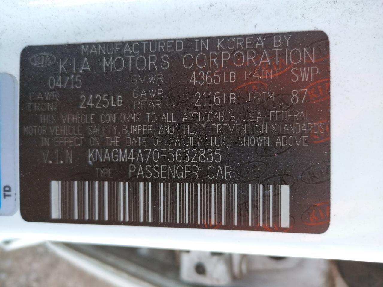 Photo 10 from auction – 2015 KIA OPTIMA LX with VIN KNAGM4A70F5632835