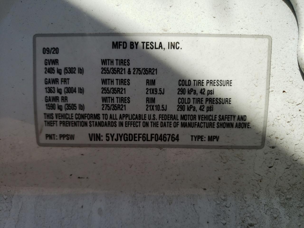 Photo 10 from auction – 2020 TESLA MODEL Y with VIN 5YJYGDEF6LF046764