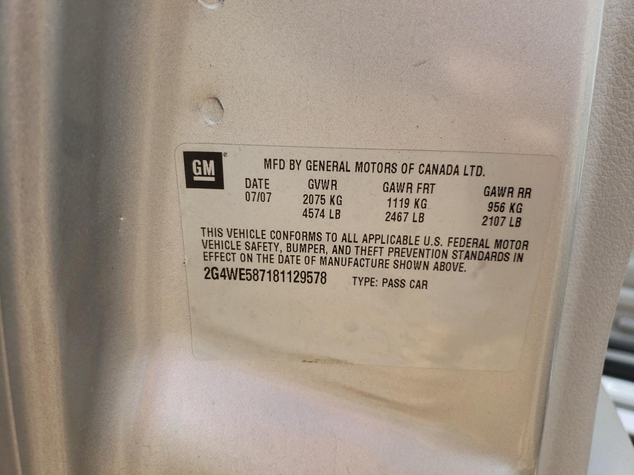 Photo 10 from auction – 2008 BUICK LACROSSE C with VIN 2G4WE587181129578