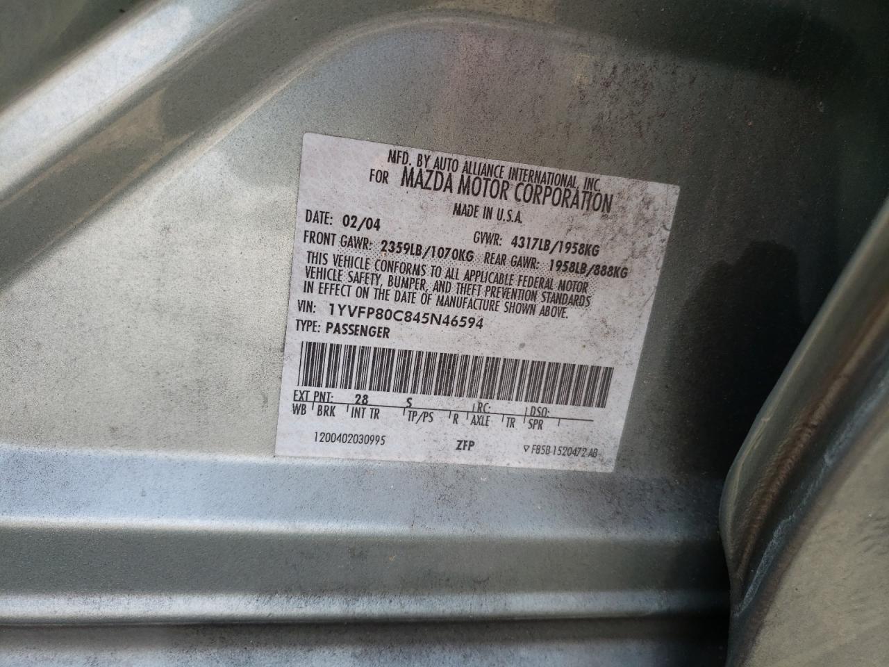 Photo 10 from auction – 2004 MAZDA 6 I with VIN 1YVFP80C845N46594