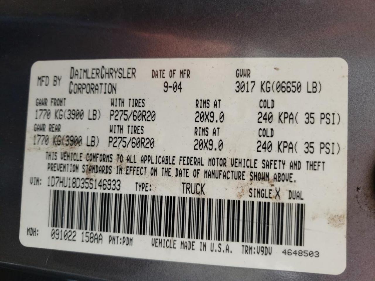 Photo 10 from auction – 2005 DODGE RAM 1500 S with VIN 1D7HU18D35S146933