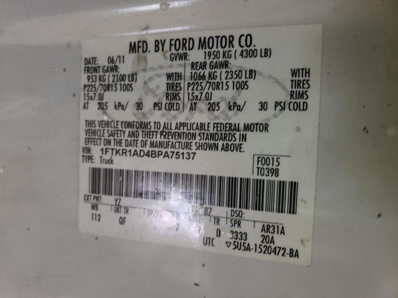 Photo 10 from auction – 2011 FORD RANGER with VIN 1FTKR1AD4BPA75137