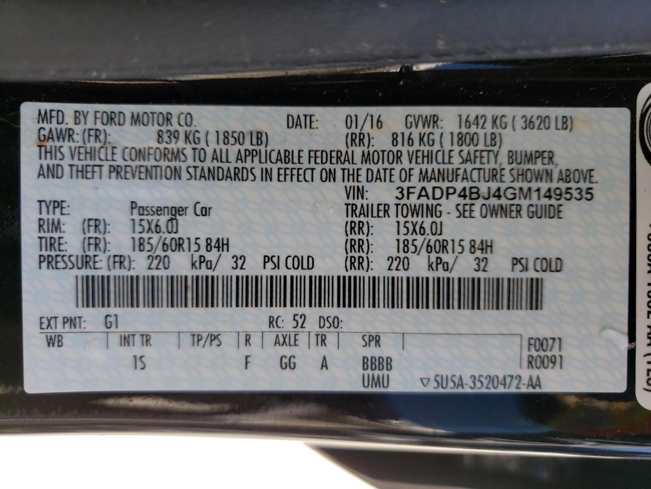 Photo 10 from auction – 2016 FORD FIESTA SE with VIN 3FADP4BJ4GM149535