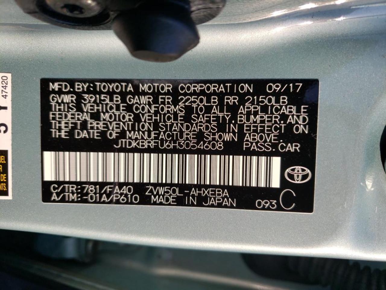 Photo 10 from auction – 2017 TOYOTA PRIUS with VIN JTDKBRFU6H3054608