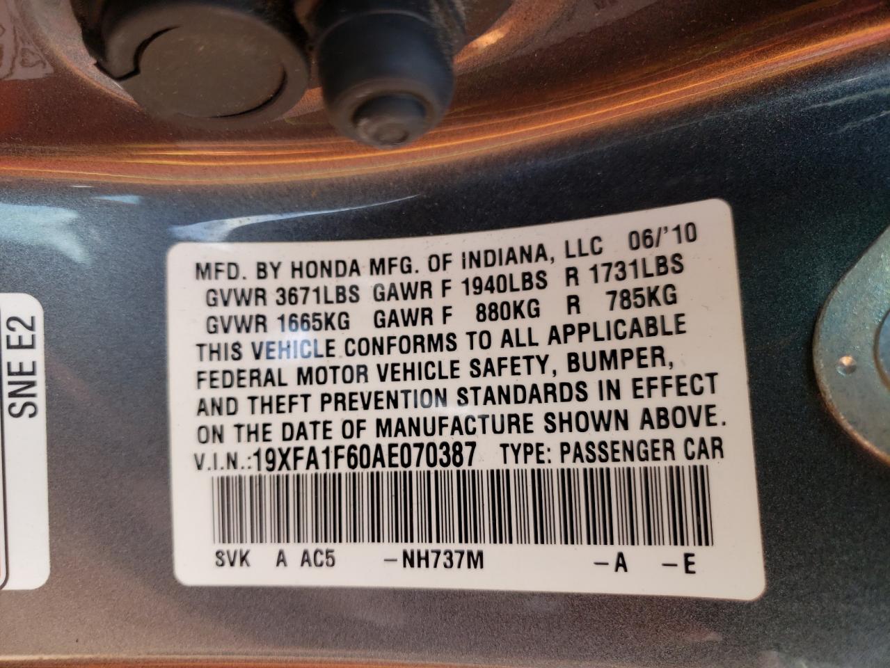 Photo 10 from auction – 2010 HONDA CIVIC LX-S with VIN 19XFA1F60AE070387