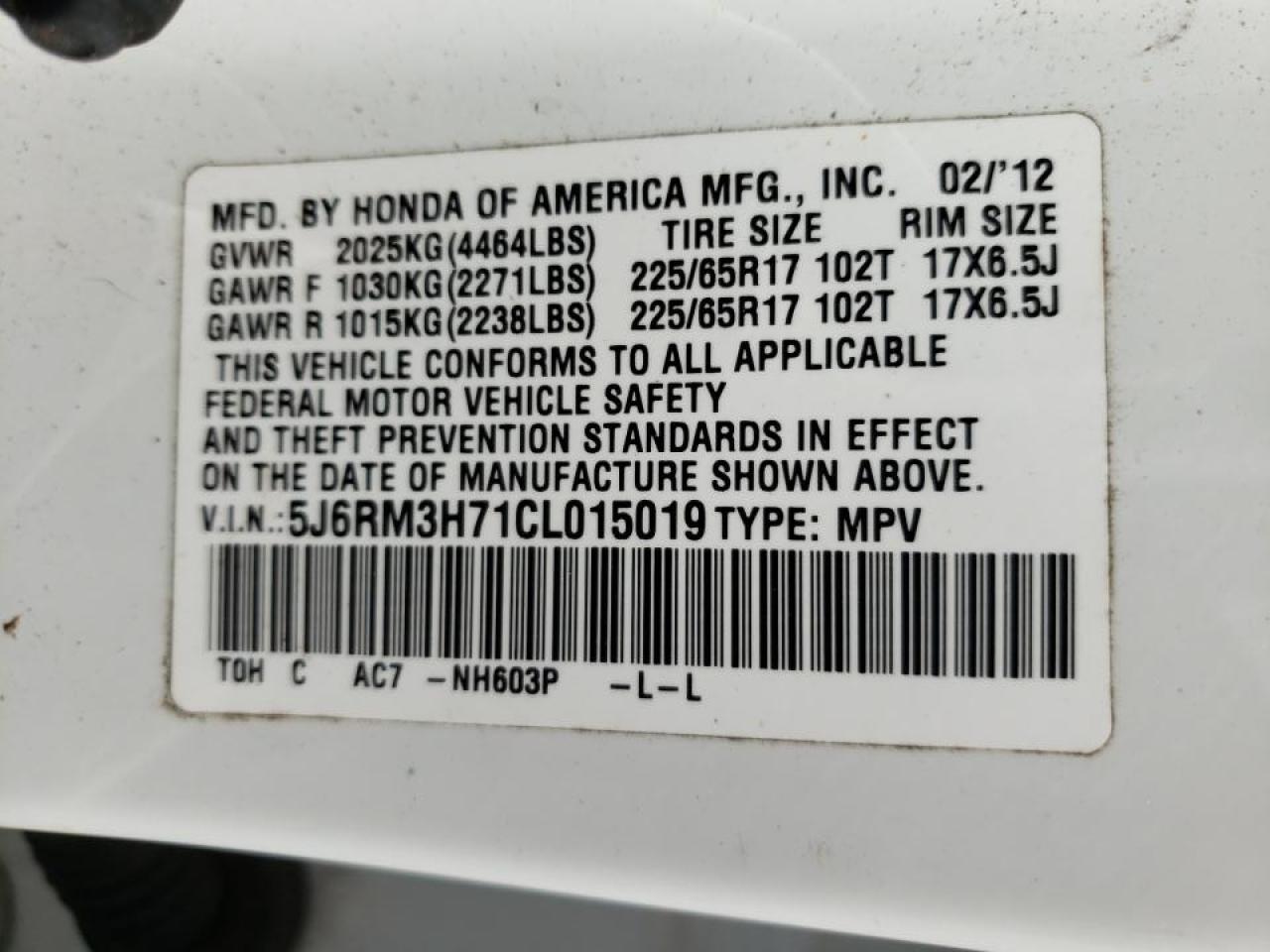 Photo 10 from auction – 2012 HONDA CR-V EXL with VIN 5J6RM3H71CL015019