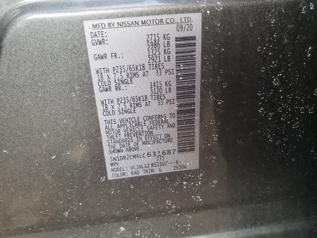 Photo 10 from auction – 2020 NISSAN PATHFINDER with VIN 5N1DR2CM4LC631687
