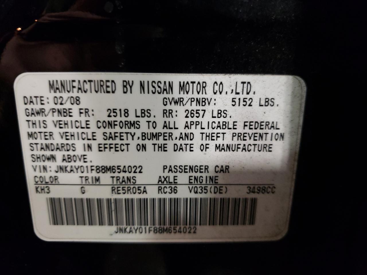 Photo 10 from auction – 2008 INFINITI M35 BASE with VIN JNKAY01F88M654022