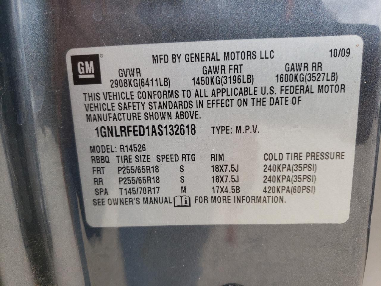 Photo 10 from auction – 2010 CHEVROLET TRAVERSE L with VIN 1GNLRFED1AS132618