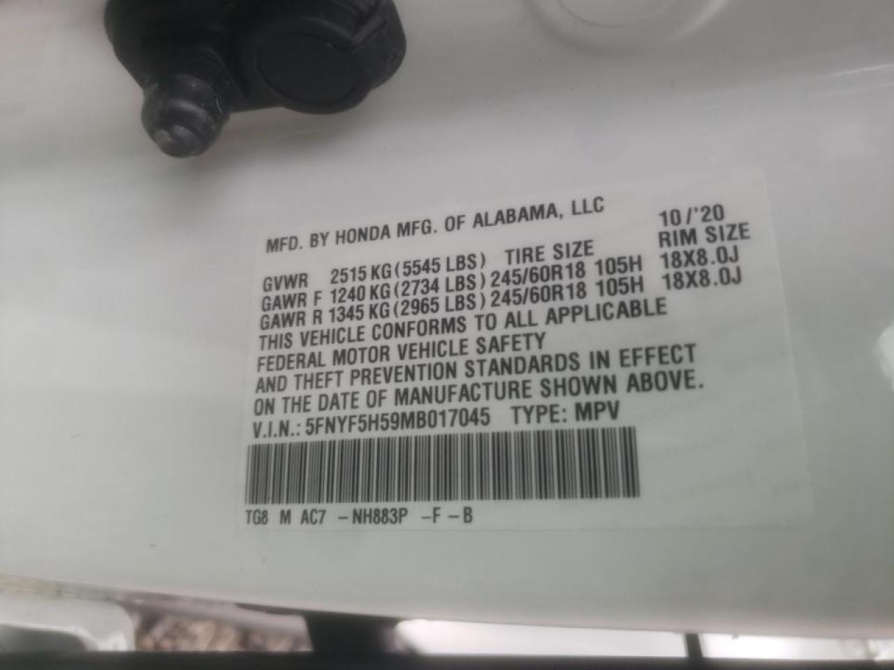 Photo 10 from auction – 2021 HONDA PILOT EXL with VIN 5FNYF5H59MB017045