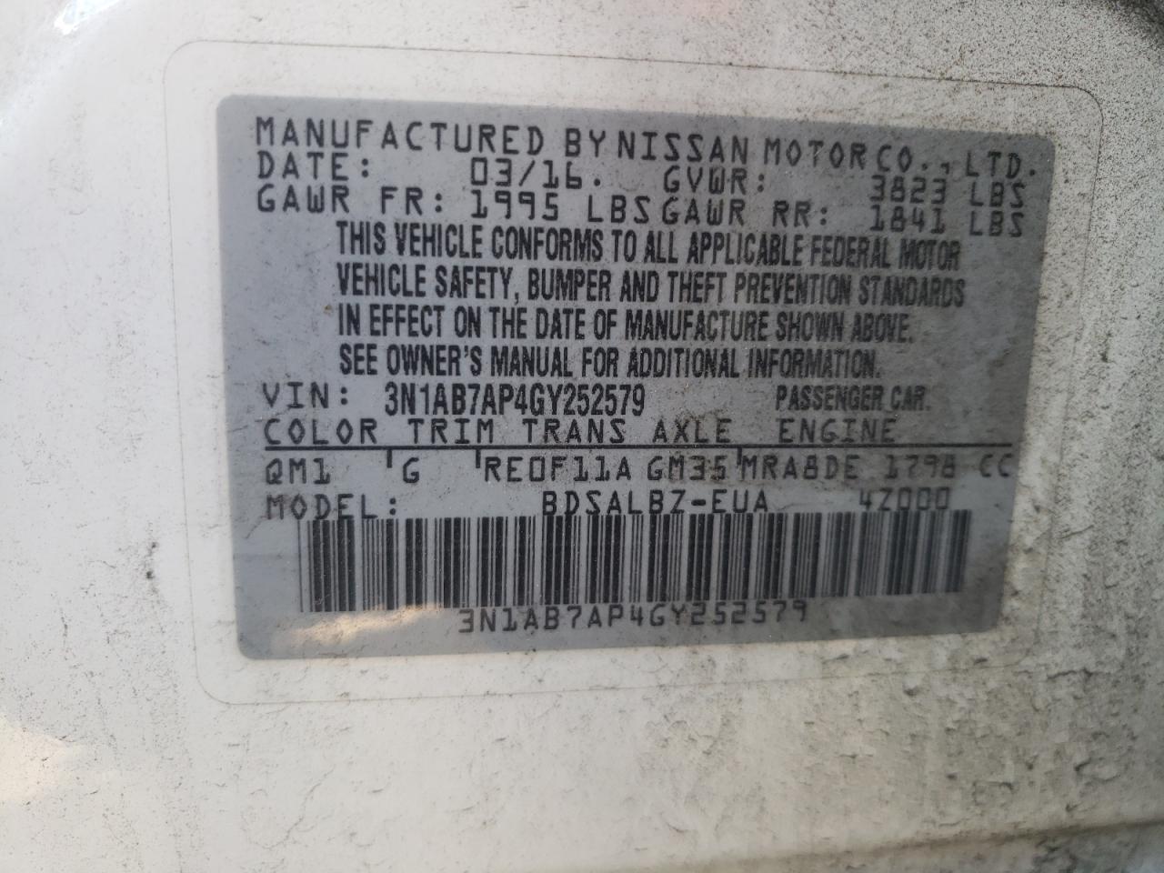 Photo 10 from auction – 2016 NISSAN SENTRA S with VIN 3N1AB7AP4GY252579