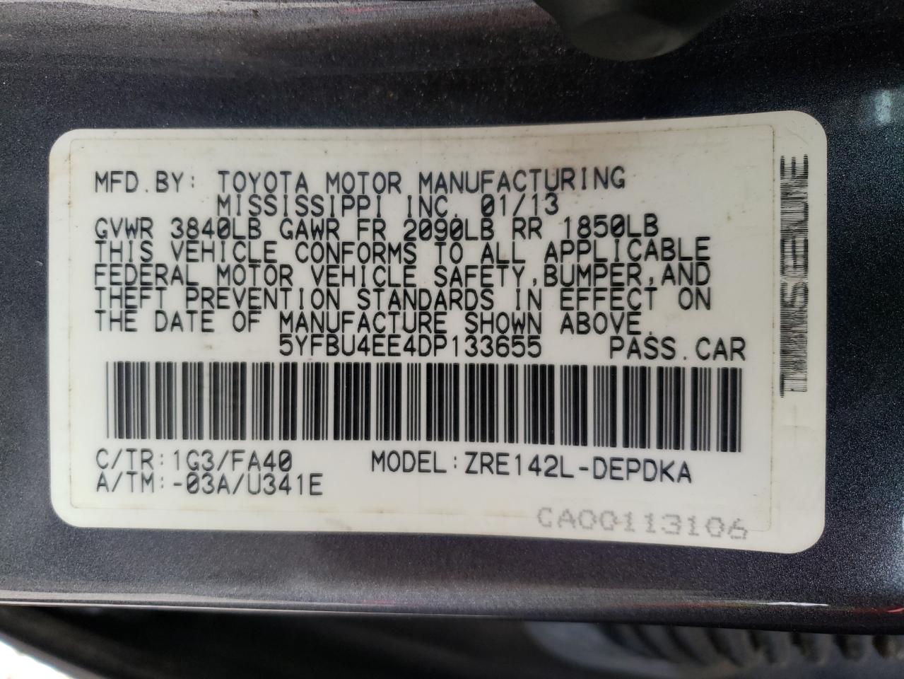 Photo 10 from auction – 2013 TOYOTA COROLLA BA with VIN 5YFBU4EE4DP133655
