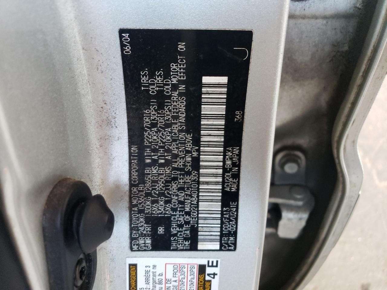Photo 10 from auction – 2004 TOYOTA HIGHLANDER with VIN JTEGD21A840101309