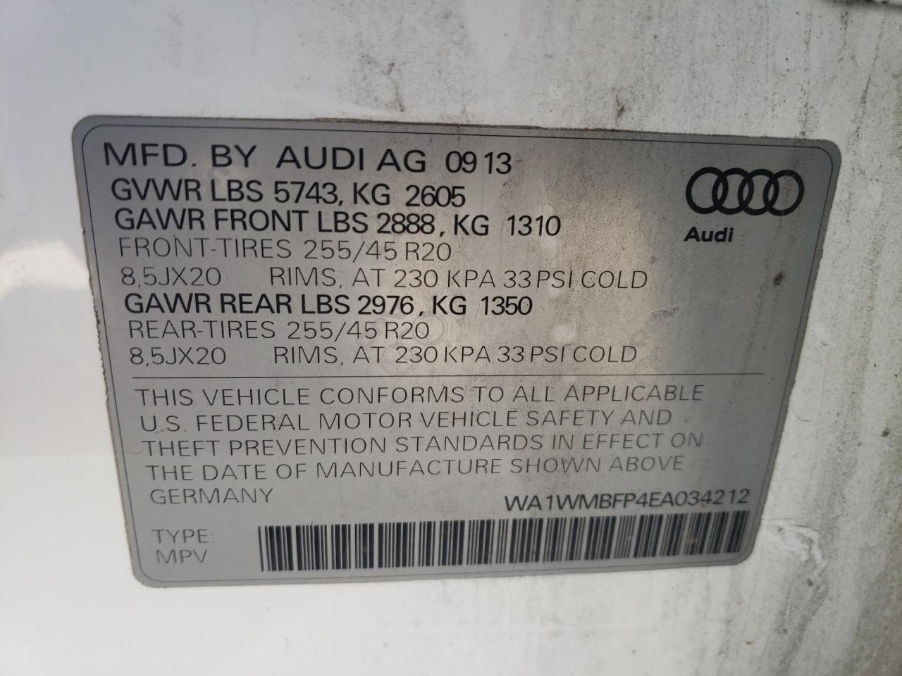 Photo 10 from auction – 2014 AUDI Q5 PRESTIG with VIN WA1WMBFP4EA034212