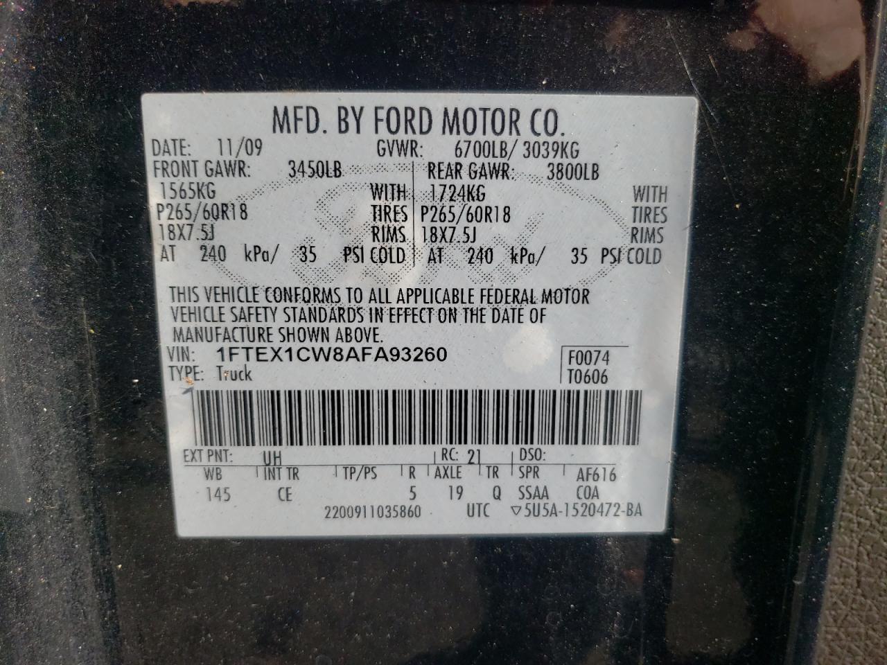 Photo 10 from auction – 2010 FORD F150 SUPER with VIN 1FTEX1CW8AFA93260