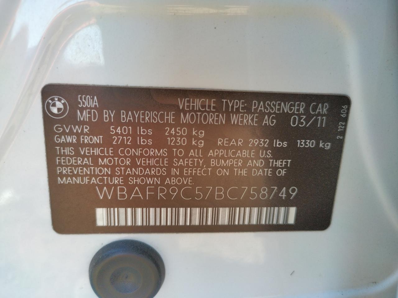 Photo 10 from auction – 2011 BMW 550 I with VIN WBAFR9C57BC758749