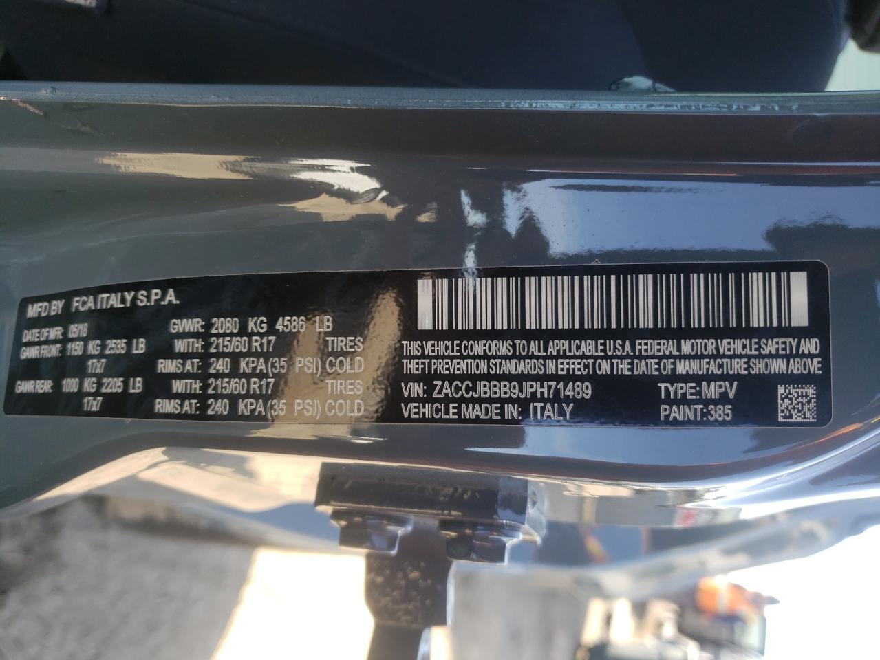 Photo 10 from auction – 2018 JEEP RENEGADE L with VIN ZACCJBBB9JPH71489