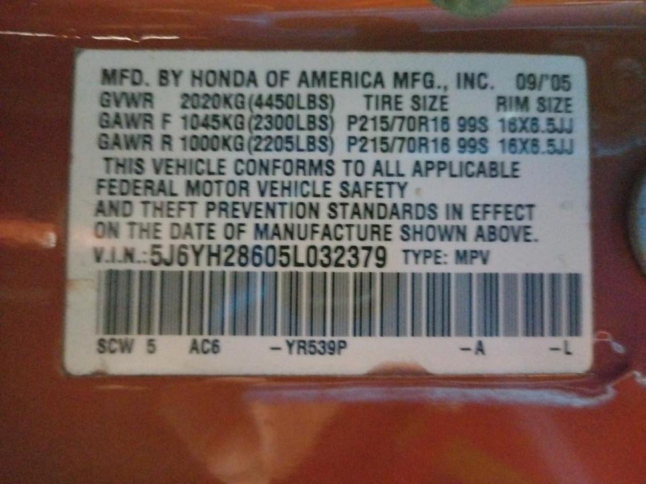 Photo 10 from auction – 2005 HONDA ELEMENT EX with VIN 5J6YH28605L032379