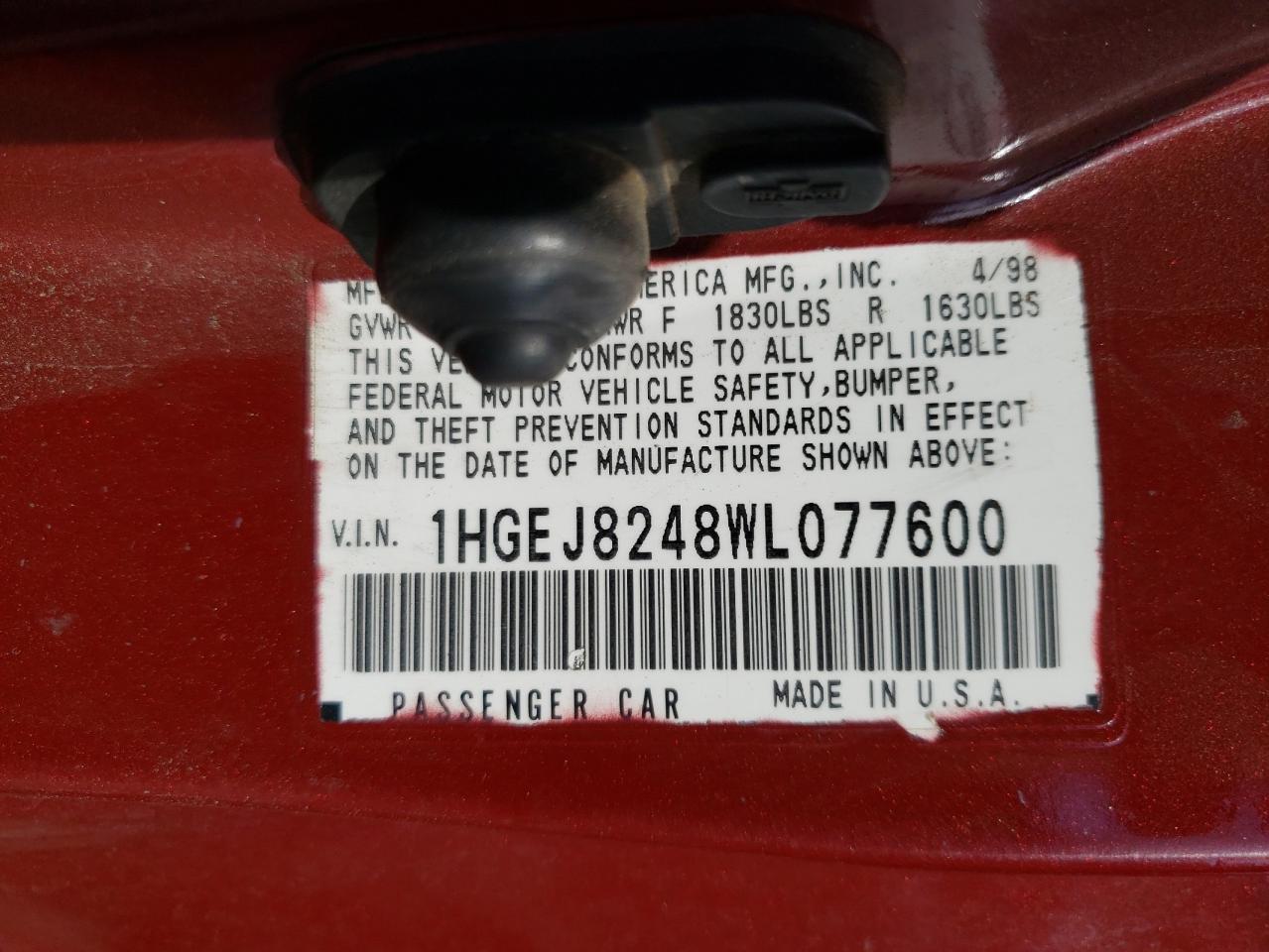 Photo 10 from auction – 1998 HONDA CIVIC EX with VIN 1HGEJ8248WL077600