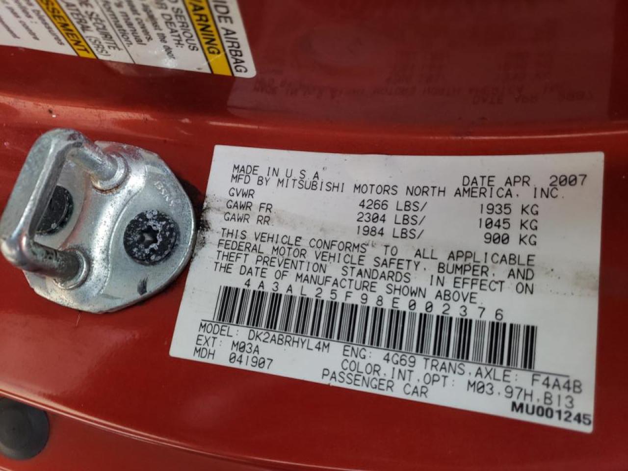 Photo 10 from auction – 2008 MITSUBISHI ECLIPSE SP with VIN 4A3AL25F98E002376