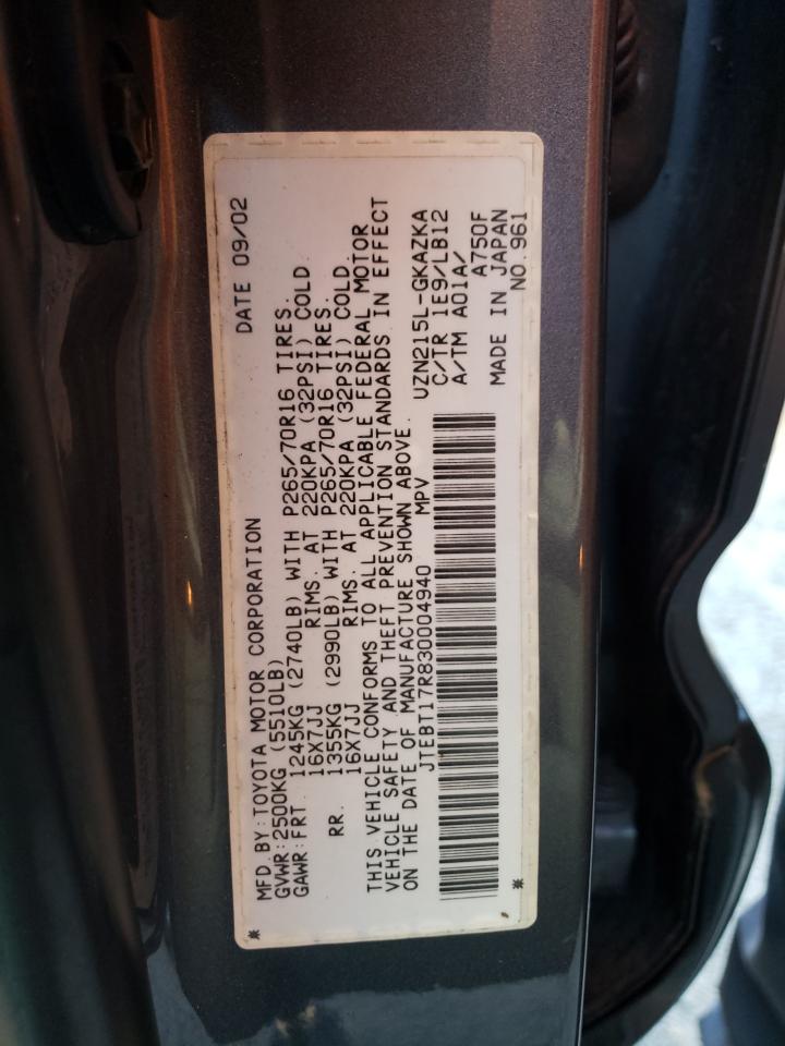 Photo 10 from auction – 2003 TOYOTA 4RUNNER LI with VIN JTEBT17R830004940